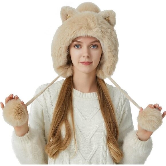 Women Beige Solid Winter Peruvian Cover Ears Beanie Hat Ear Flaps Sherp Ski Snow main image 4